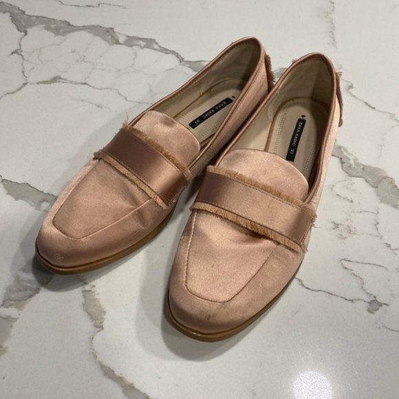Zara Slip On Basic Satin Slip On Loafer Frayed Fringed Light Pink Womens… - Picture 5 of 11